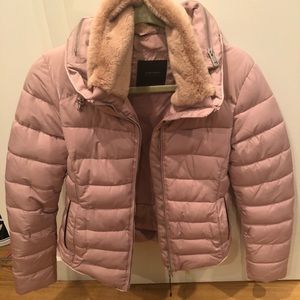 Zara blush puffer jacket with pink faux fur size M